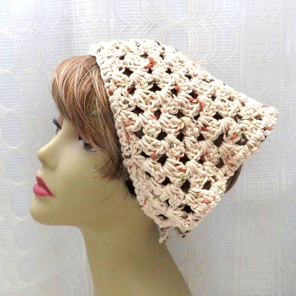 Beige Crocheted Bandana, Women Boho Cottage Core Hair Accessories, Festival Wear